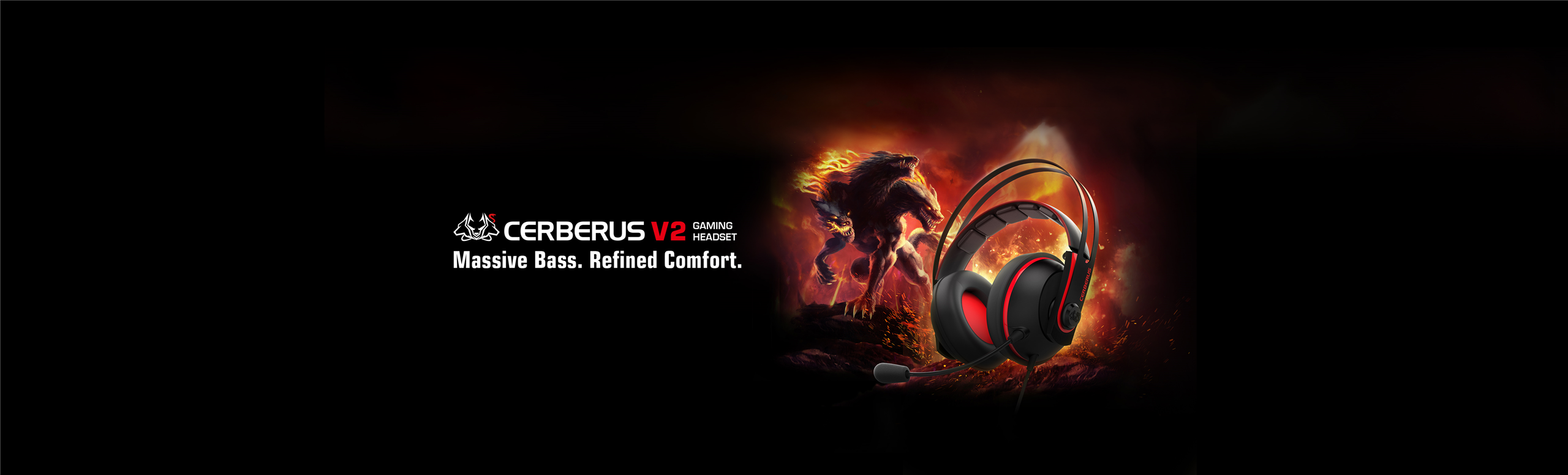 Cerberus V2 gaming headset product photo with the mythical dog Cerberus in the background
