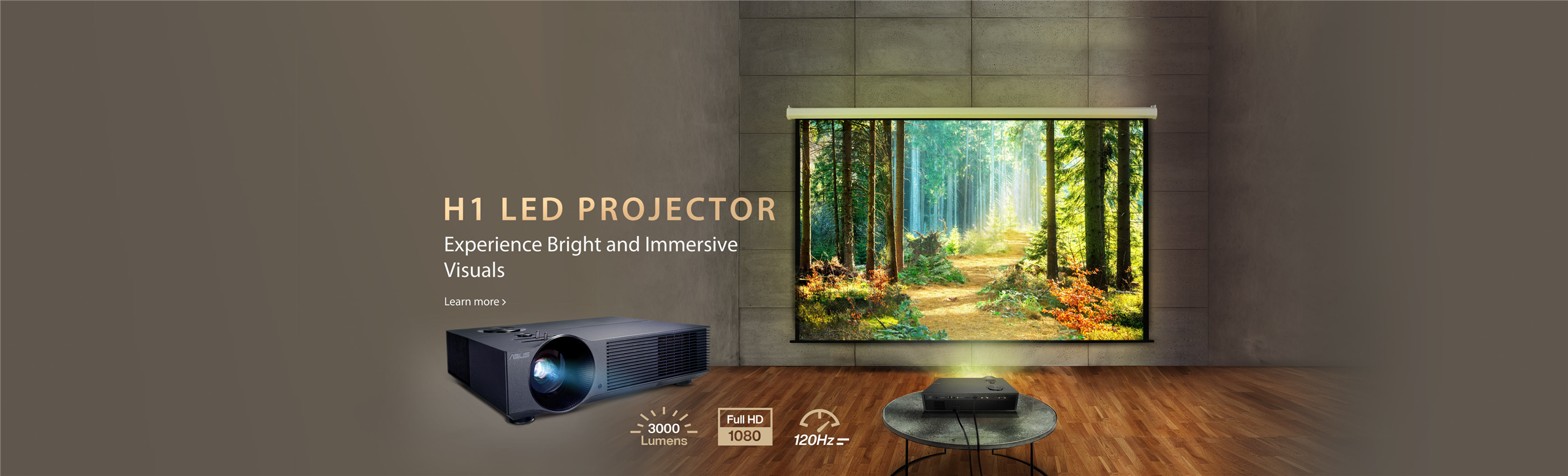 ASUS H1, FHD, 3000 Lumens, 120 Hz LED home theater projector in the living room, projecting forest image