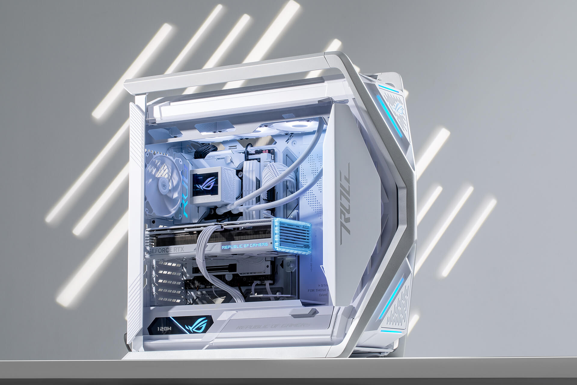 A 45-degree angle shot of the ROG Maximus Z790 Formula PC Build paired with the ROG Ryujin III 360 ARGB White Edition.