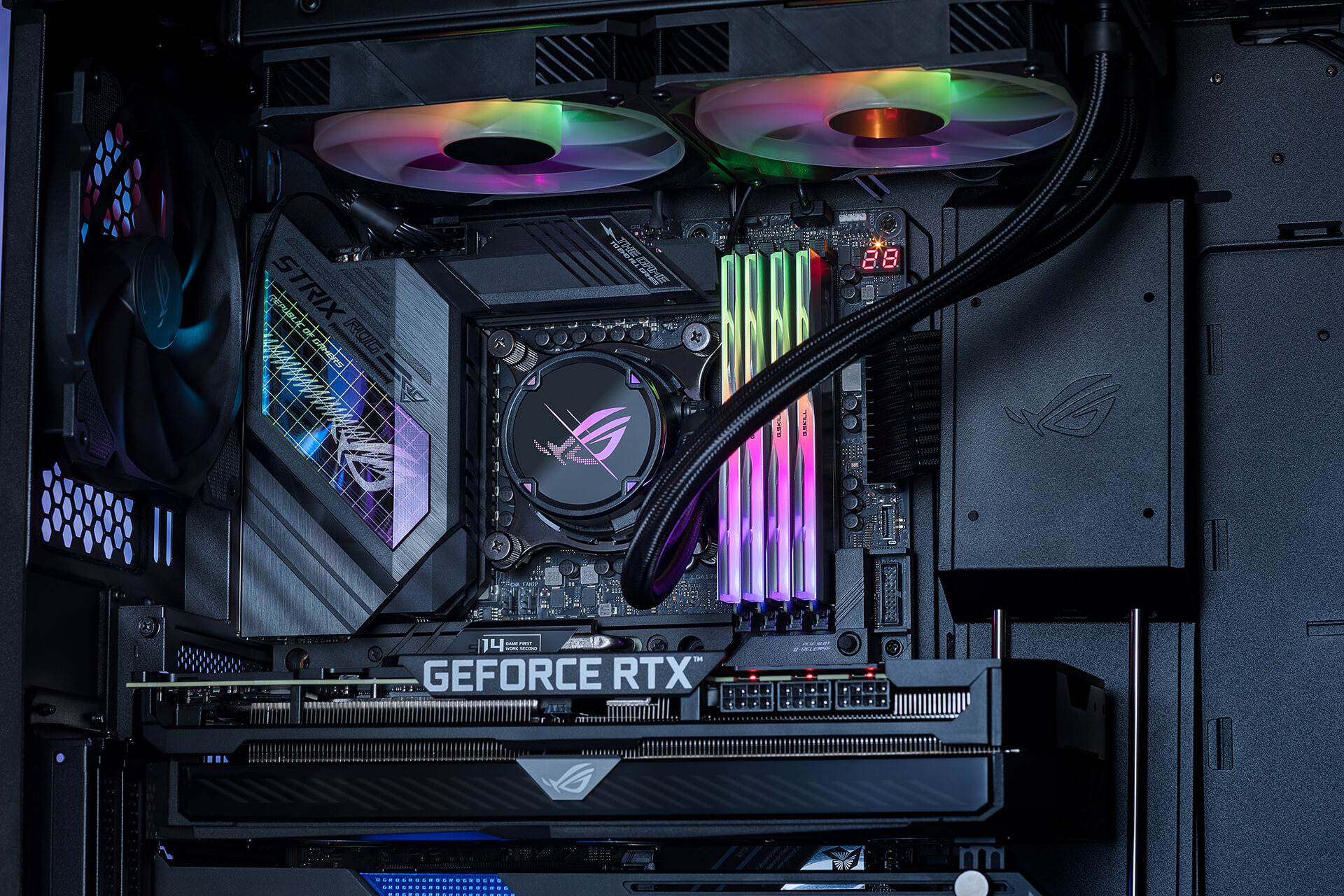 Close-up photos of the ROG Strix PC Build with ROG Strix II LC 360