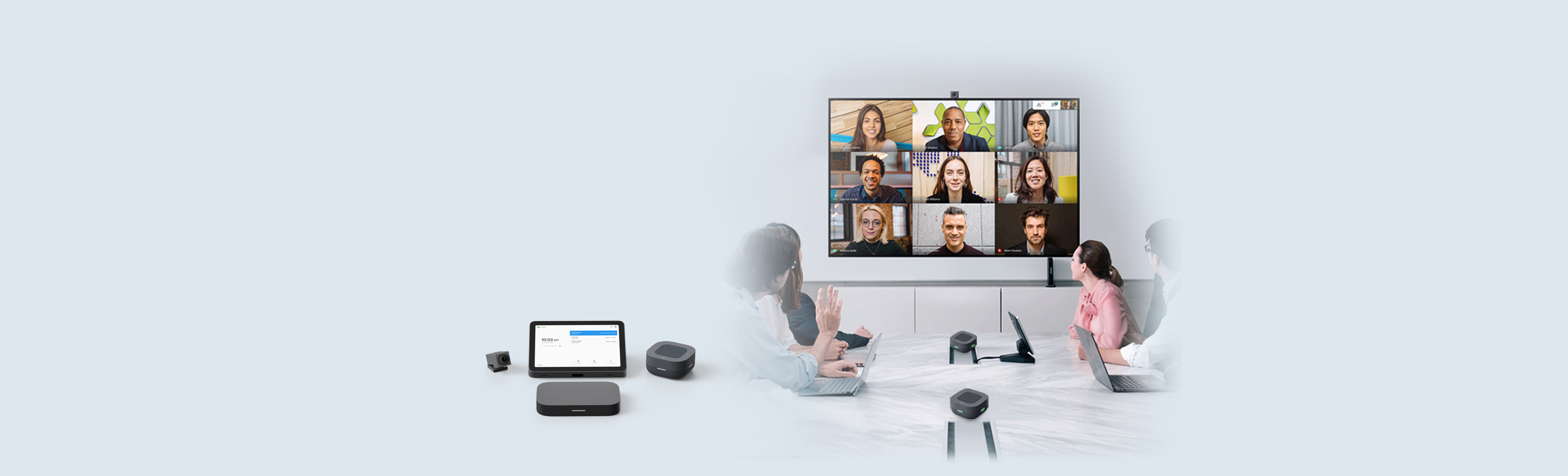 People uses ASUS-Google Meet Hardware Kit for video-conferencing in a meeting room