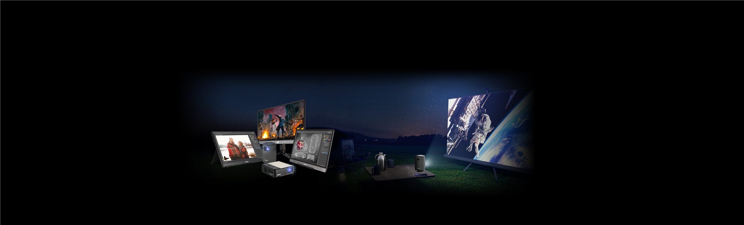 Lineup photo of ASUS portable display solutions with a backgroud image of using ZenBema Latte L1 portable projector in a camping site