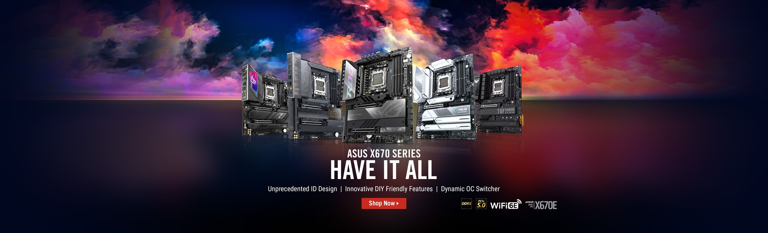 Five ASUS X670 motherboards from ROG Strix, TUF, ProArt and Prime lines float in sunset with DDR5, PCIe 5.0, Wi-Fi 6E logos.