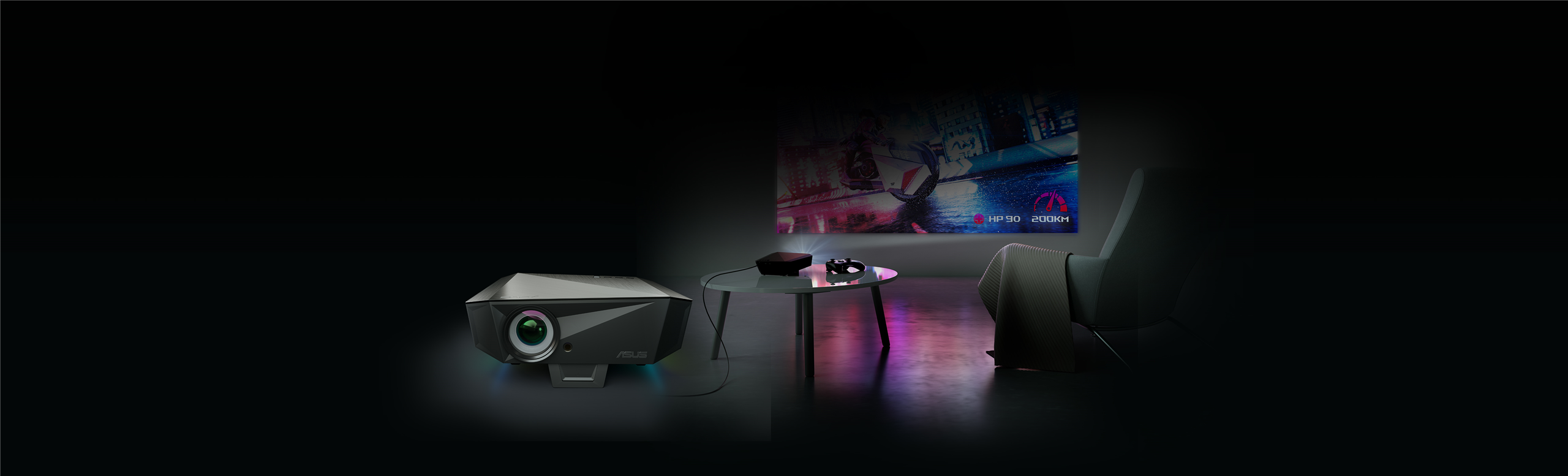 ASUS F1 LED projector product photo with a background image of using the projector to play game in the living room