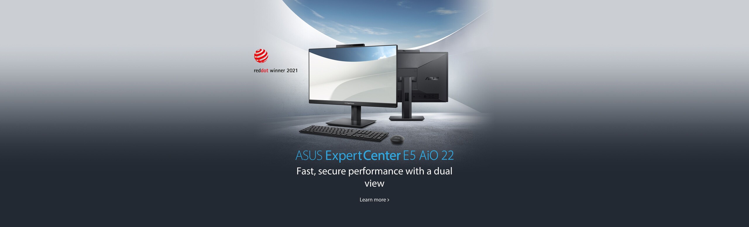 There are two ASUS ExpertCenter AiOs. One of the ASUS ExpertCenter AiO presents a screen with wallpaper in the front with an ASUS wireless keyboard and an ASUS wireless mouse. The other ASUS ExpertCenter AiO presents a customer-facing second screen on the back.