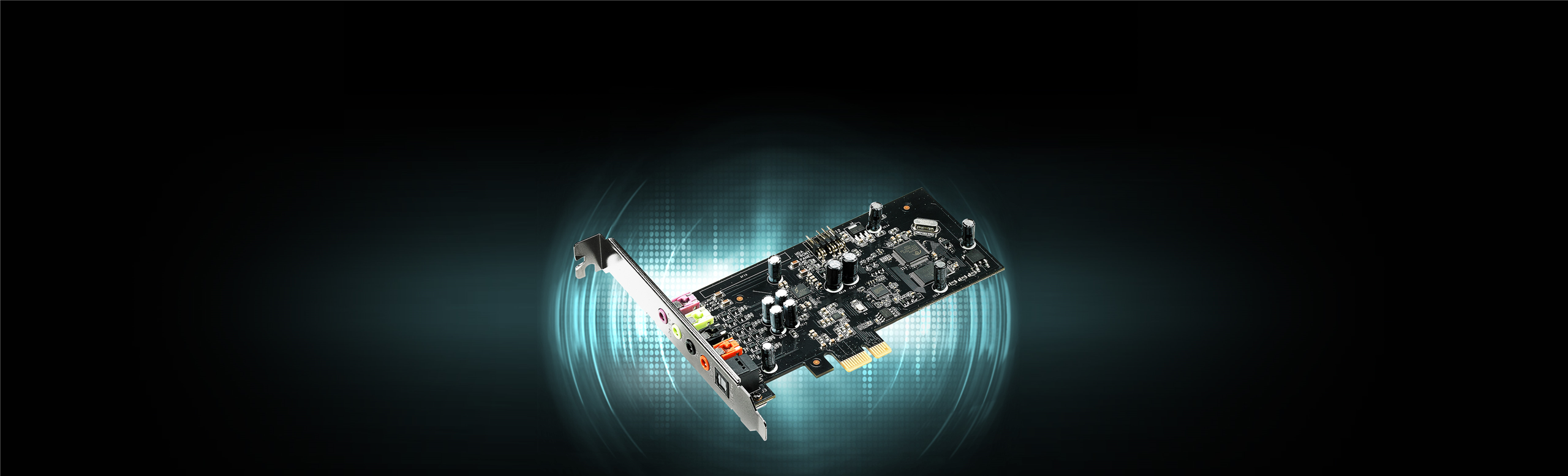 Xonar SE 5.1 PCIe gaming sound card product photo with sound waves light background