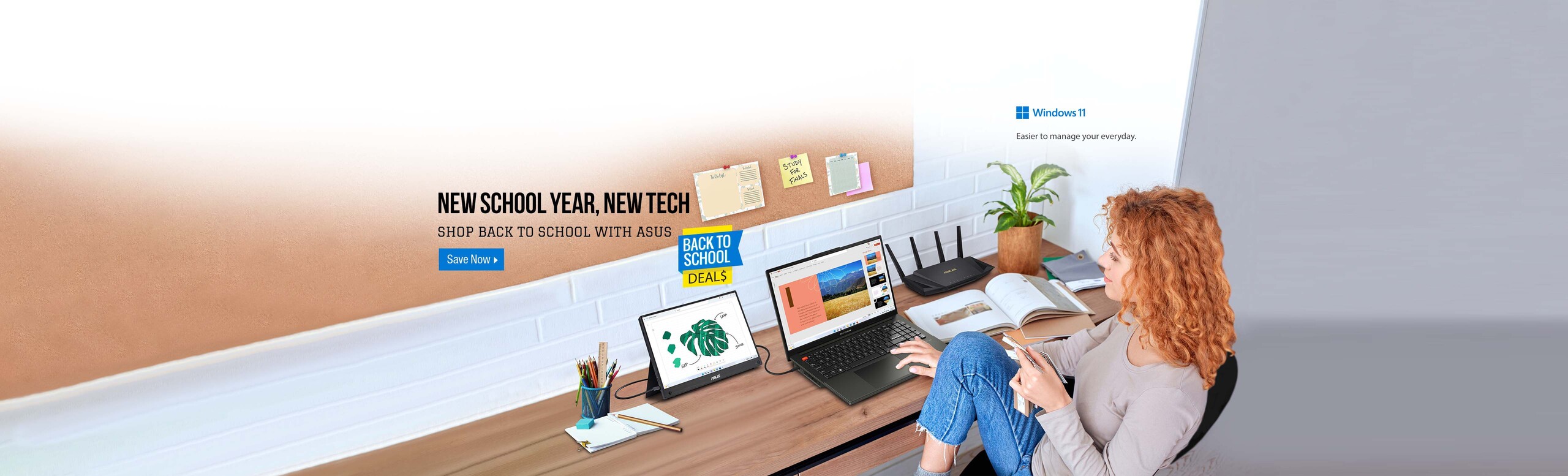 Image of a woman at her desk with a laptop, tablet and wifi  New School Year, New Tech Shop Back to School With Asus Back to School Deals.  Window 11 logo