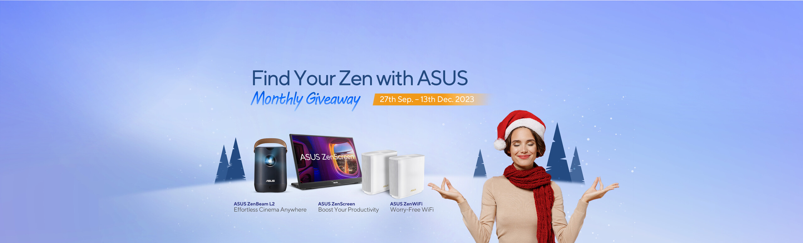 Christmas-themed settings with ASUS Zen product lineup: ZenBeam L2 projector, ZenScreen portable monitor and ZenWiFi mesh routers. Beside the products is a woman making "OK" gesture.