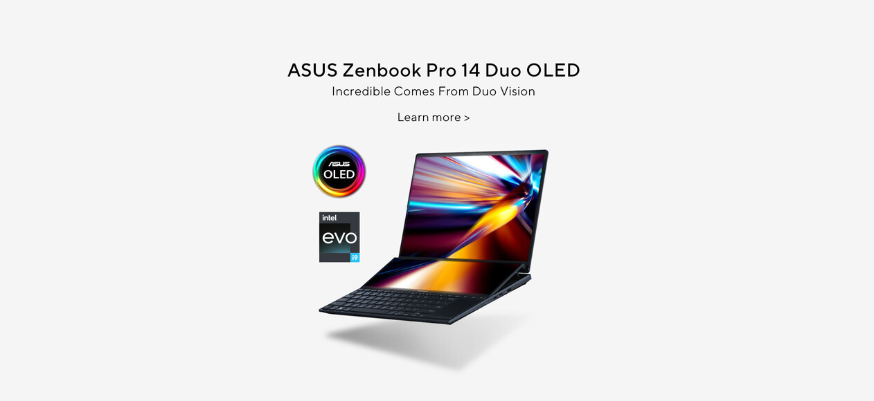 ASUS Zenbook Pro 14 Duo OLED is wide opened and viewed from the right with dynamic streamline on the screen.