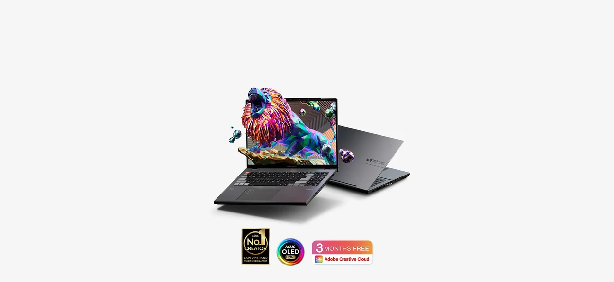 A silver and black model of the Vivobook Pro 16X 3D OLED are shown with the black model showing the in-screen of a lion roaring. The No1 Creator, ASUS Badge and Adobe 3 month logo are placed under the two models.