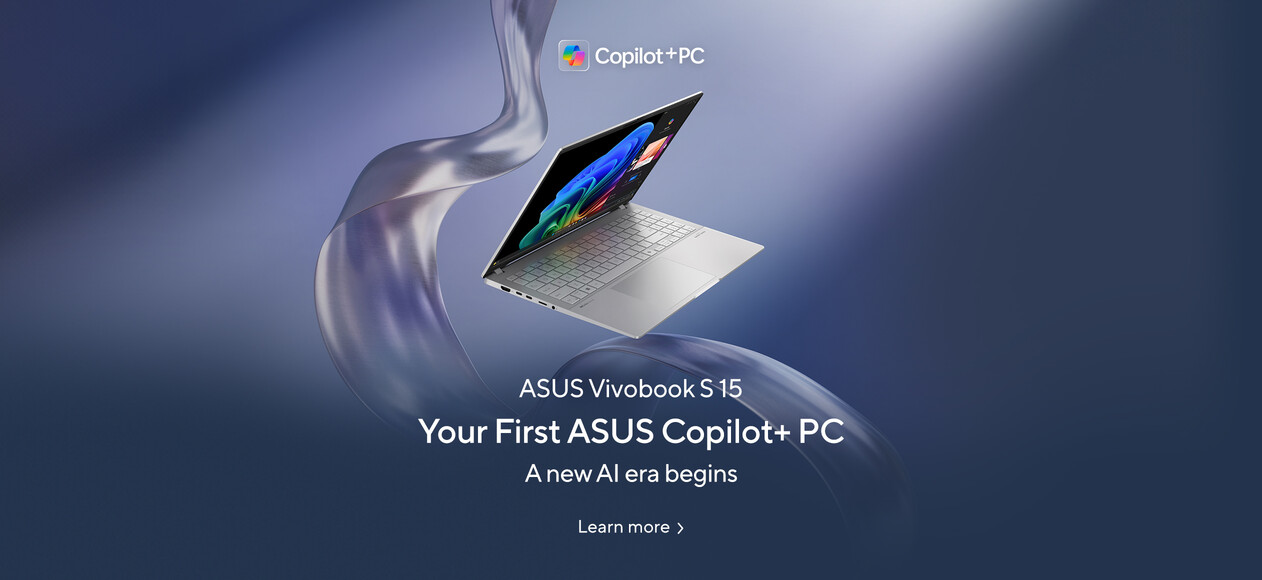 The banner shows ASUS Vivobook S 15 flying at the center of the image with ribbon and metal like purple lines flow behind it.