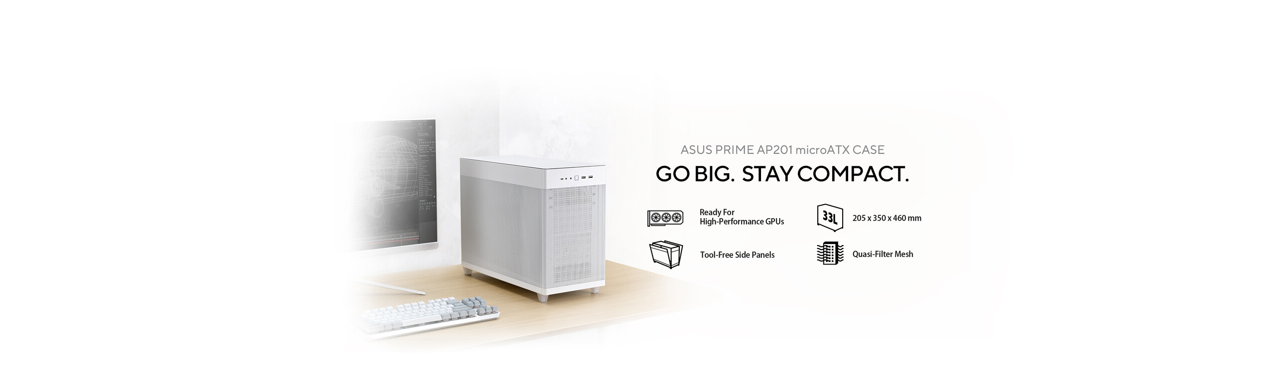 ASUS Prime AP201 microATX Case features ready for high-performance GPUs, 33L volume, tool-free side panels, and quasi-filter mesh