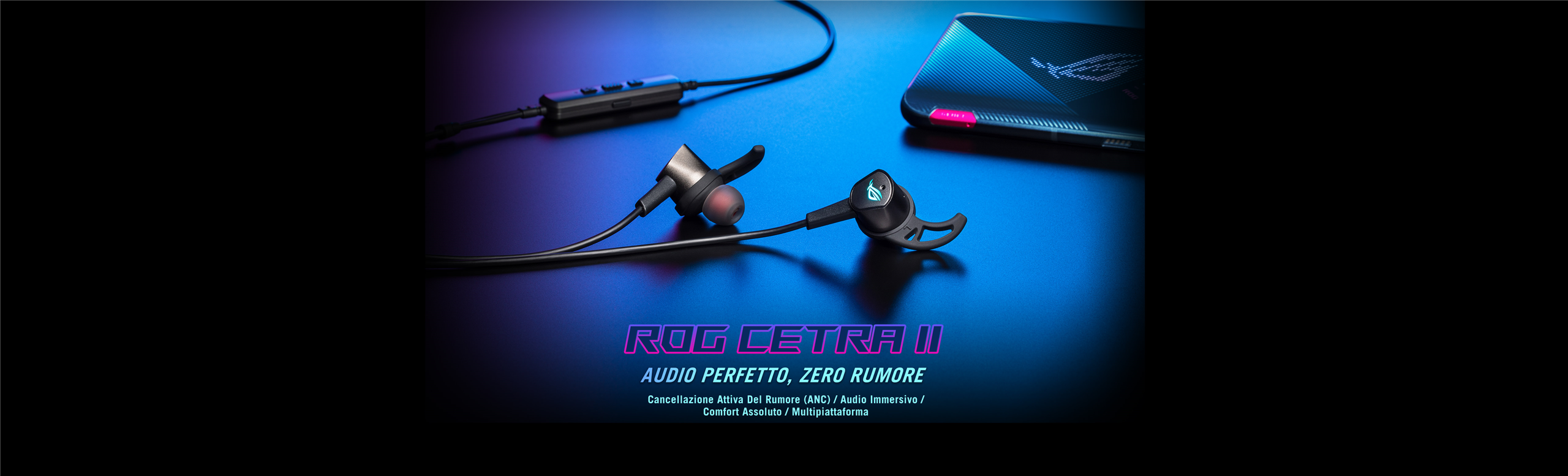 L'immagine mostra degli auricolari ROG CETRA II con lo sfondo si uno smartphone