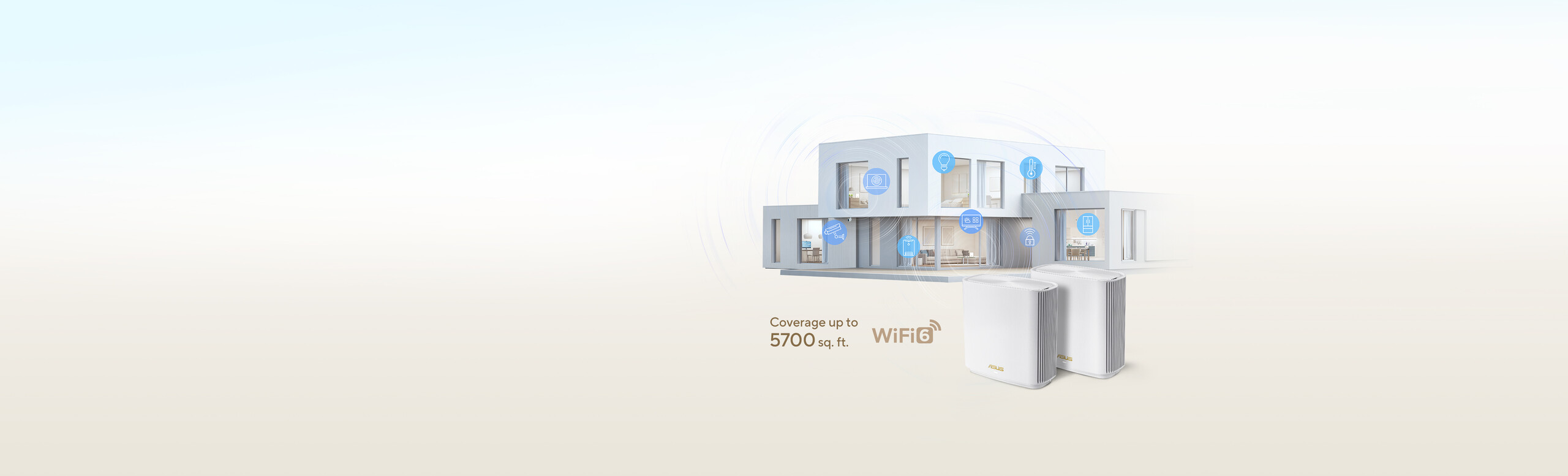 L'immagine mostra una coppia di nodi bianchi mesh ASUS ZenWiFi XT9 WiFi 6 con lo sfondo di una casa a due piani bianca