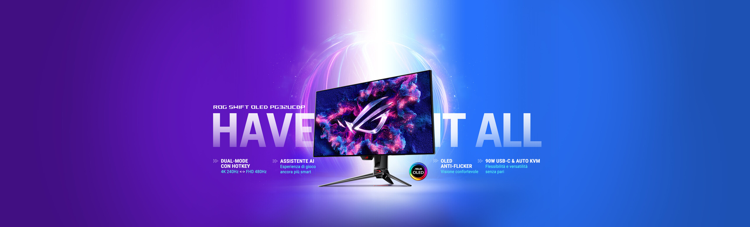Il monitor ROG Swift OLED PG32UCDP con il logo OLED visualizzato su uno sfondo viola e blu.