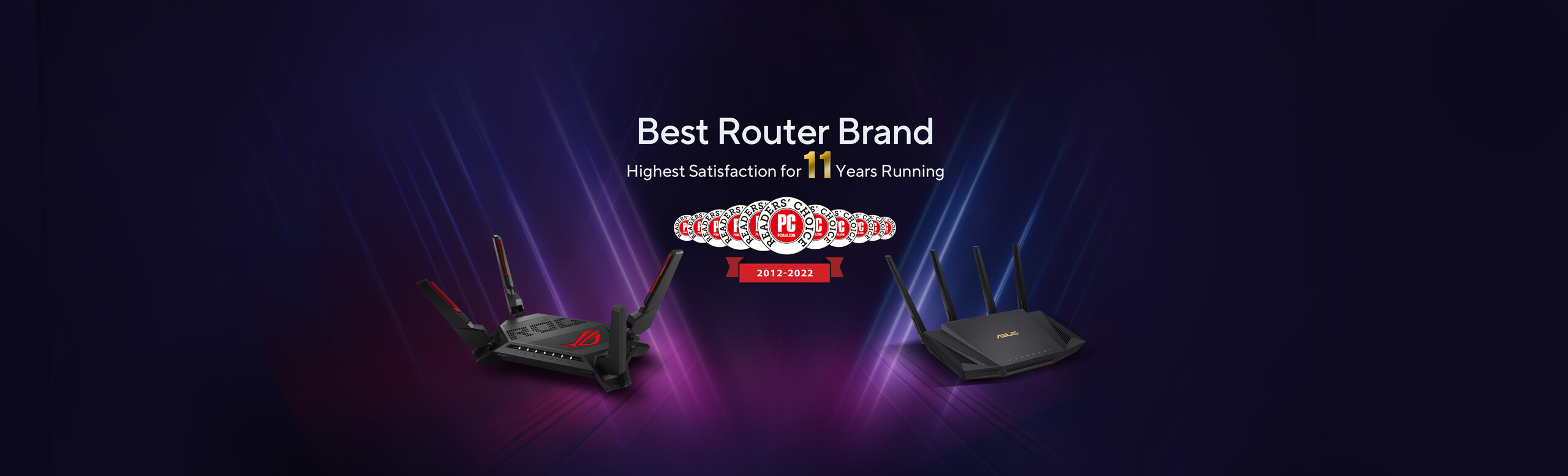 L'immagine mostra due router ASUS associati al premio dato da PCMag.com come migliori router per il più alto livello di soddisfazione dei clienti