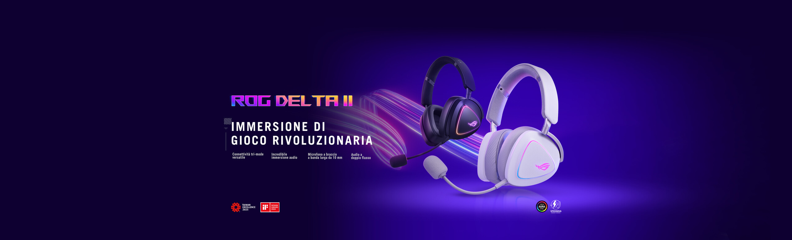 L'immagine mostra due cuffie gaming ROG Delta II, una bianca in primo piano, una nera sullo sfondo con illuninazione RGB RGB