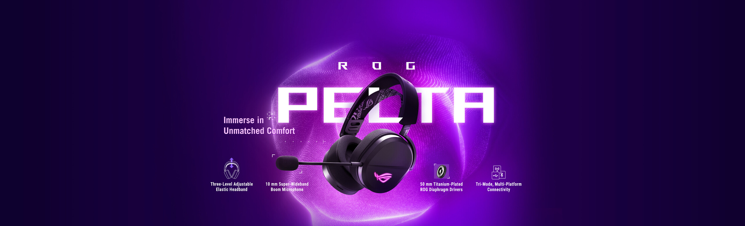 L'immagine mostra le cuffie gaming ROG Pelta con le caratteristiche premium