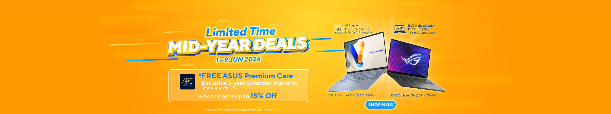 mid-year sale promotion 2024, free asus premium care 3-year extended warranty with selected laptop models purchase, up to 15% off for accessories