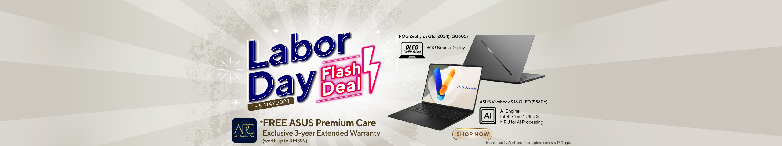 labour day sale promotion 2024, free asus premium care 3-year extended warranty with selected laptop models purchase