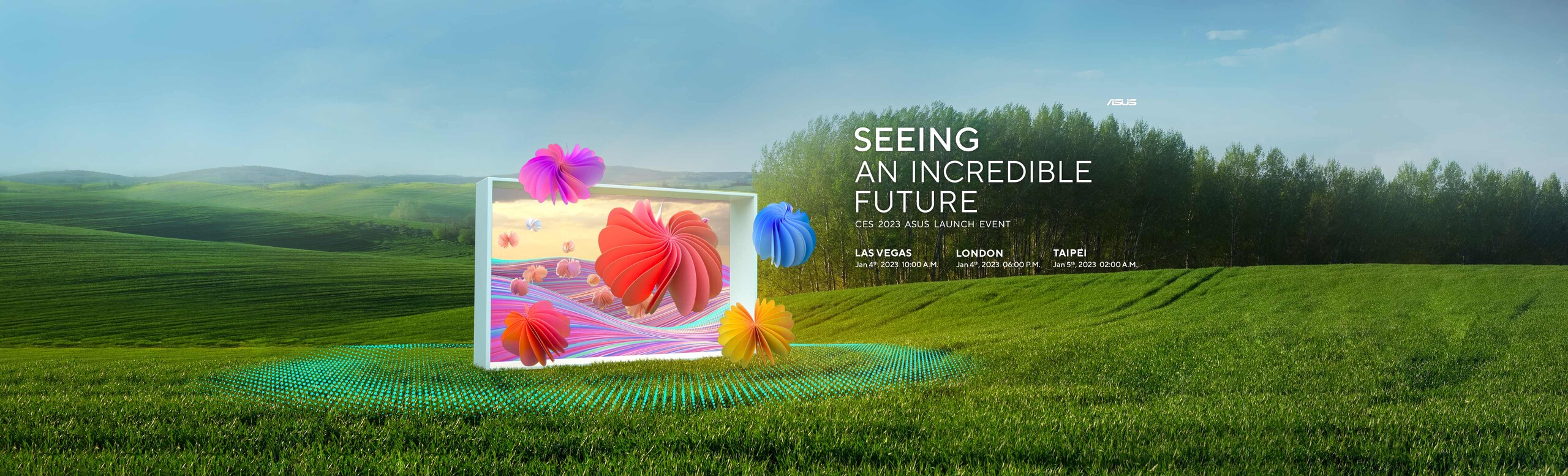 A banner with blue sky, green grass image, and a white frame that flowers floating around, that indicate the time of the ASUS 2023 CES online launch event.