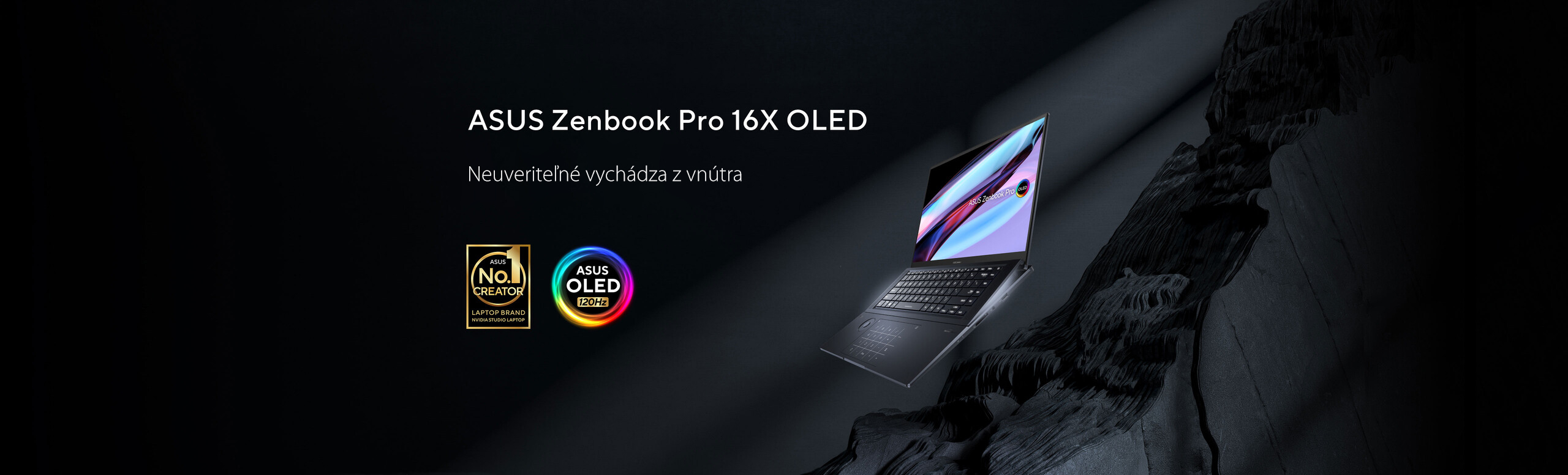 ASUS Zenbook Pro 16X OLED opened with 120 degrees tilted on the surface of dark rock. The No1 Creator and ASUS 120Hz OLED logo are placed next to the model.