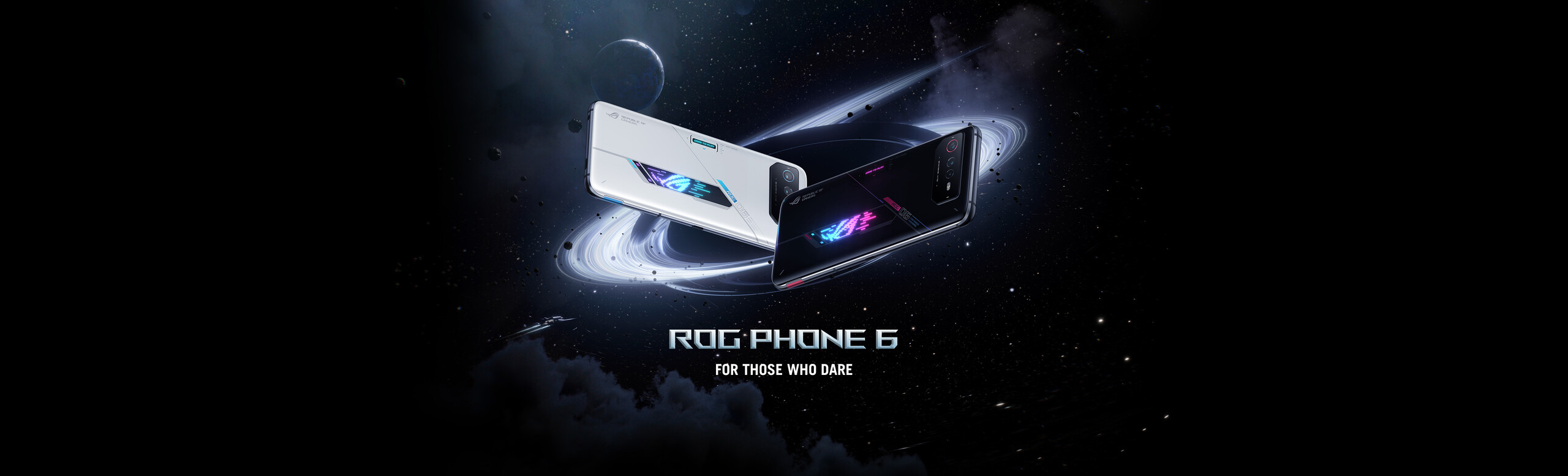 Two ROG Phone 6s models in black and white, floating on the bridge of the spaceship, with flourishing city view background.