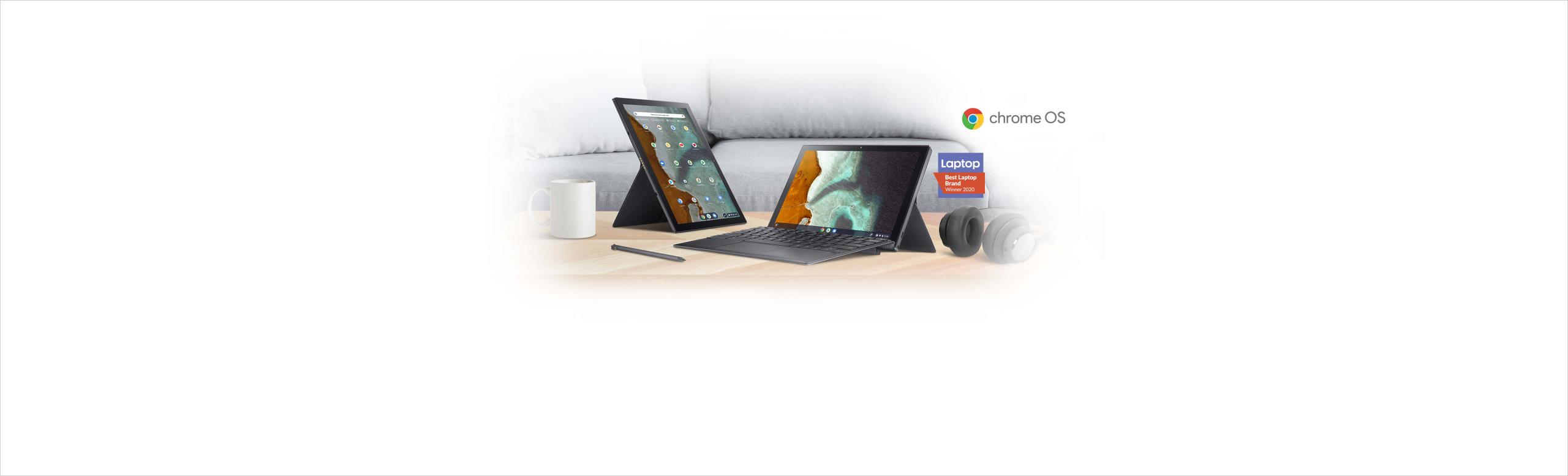 Two ASUS Chromebook Detachable CM3 are shown on a wooden desk with a garaged stylus, a headphone and a mug beside in front of a grey sofa. The one at the front is shown with a horizontal stand design and a keyboard. The other one at the back is shown with a vertical stand design.