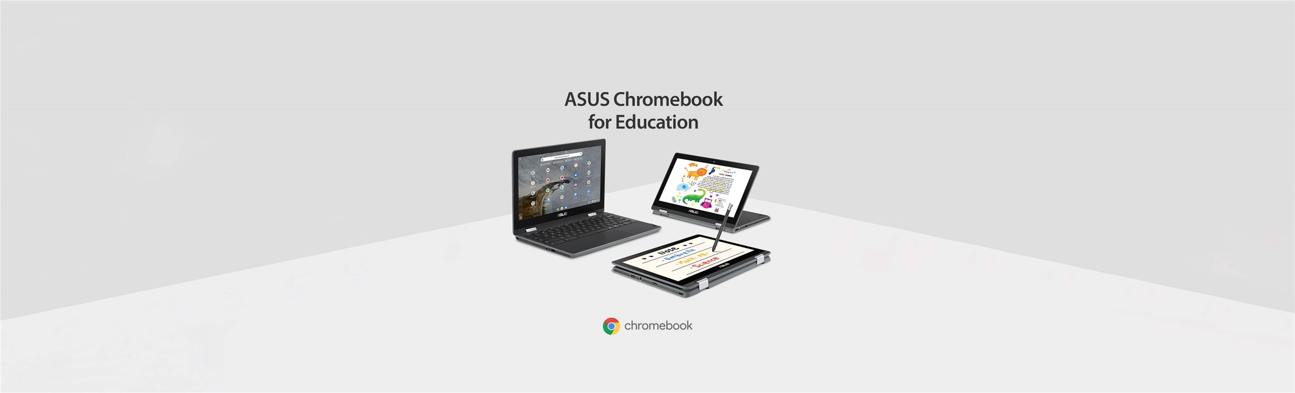 Three ASUS Chromebook CR1 series laptops are shown. The left one is in laptop mode showing its display and keyboard. The one at the back is shown in stand mode with images and words on screen. The one at the front is in tablet mode with a garaged stylus writing on the screen.