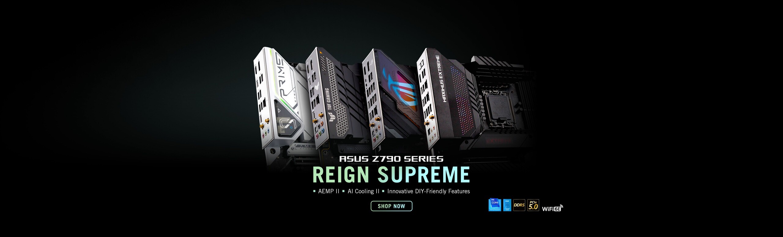 Four ASUS Z790 motherboards showcase supreme designs of their back I/O and covers with DDR5, PCIe 5.0 and Wi-Fi 6E logos.