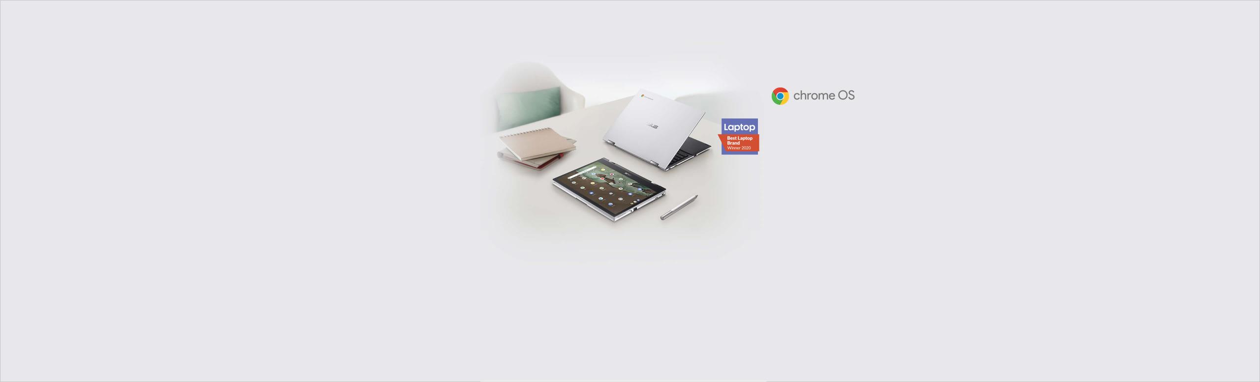 Two ASUS Chromebook Flip CM3 are shown on a white desk with two notebooks beside them. The one at the front is in tablet mode with an ASUS Pen next to it. The other one is in laptop mode showing its Silver cover. 2020 Best Laptop badge is on the right side of the device at the back.