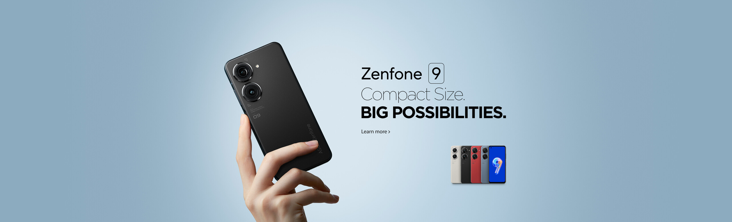 The right hand holding the Zenfone 9 displays its back cover in Midnight Black, and there are five Zenfone 9 on the right down side showing 4 colors and the phone's front side.