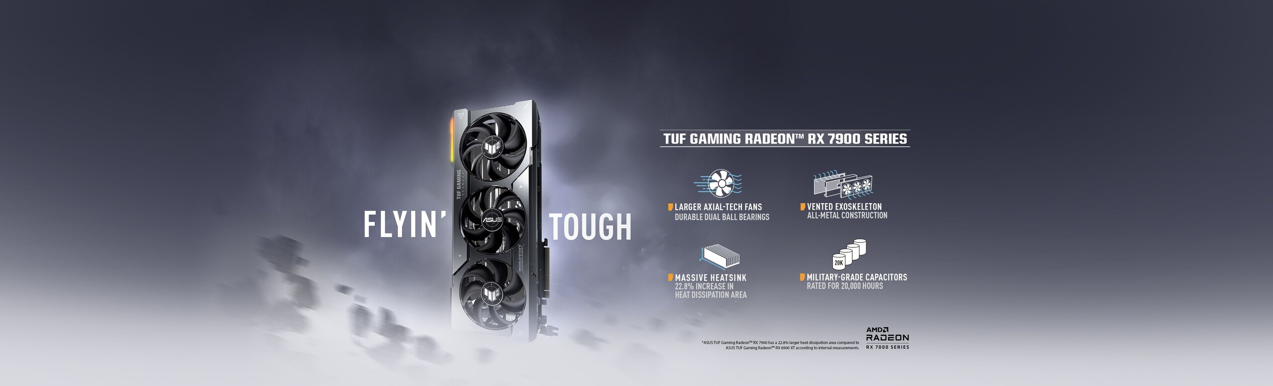 Image of TUF Gaming Radeon RX 7900 Series Larger Axial-Tech Fans icon, Vented Exoskeleton icon, Massive Heatsink icon, Military-Grade Capacitors Rated for 20K Hours