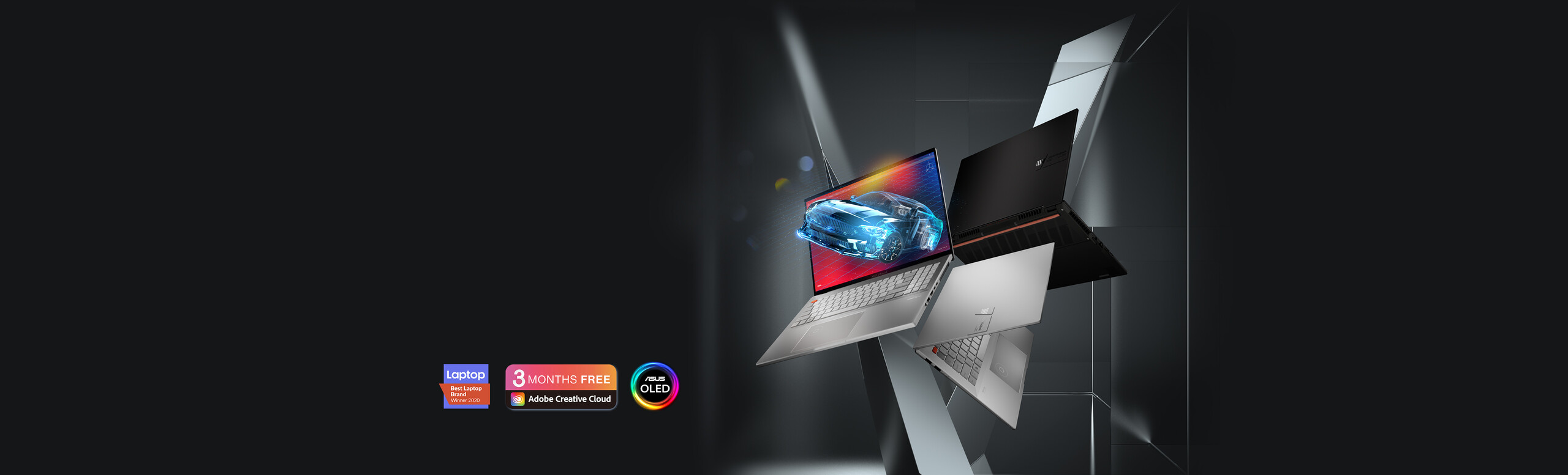 Vivobook Pro 14X/15X/16X OLED presenting its design from front and back along with a rendering car in its screen, with ASUS OLED badge, best laptop brand winner 2020 and 3 month free Adobe Creative Cloud badge.