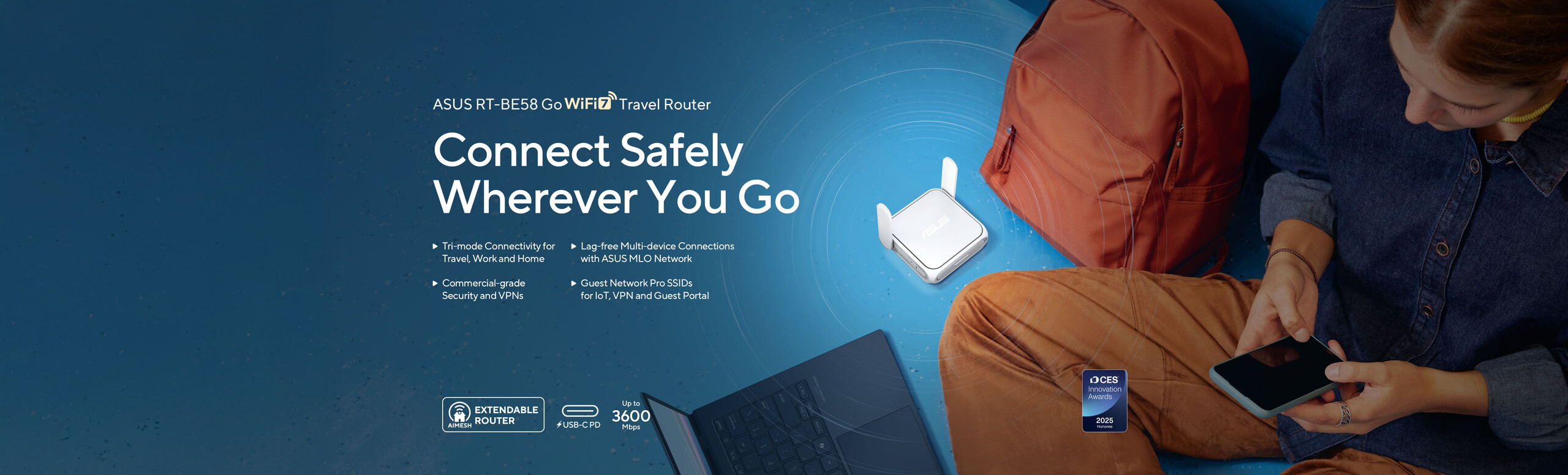 A woman sits on the floor using a smartphone and laptop, with the ASUS RT-BE58 Go placed nearby next to a backpack. CES Innovation Award logo appears at the bottom of the image.