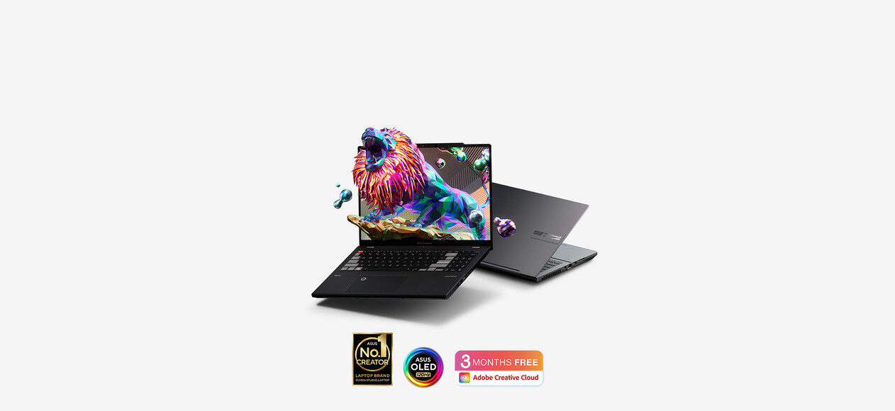 A silver and black model of the Vivobook Pro 16X OLED are shown with the black model showing the in-screen of a lion roaring. The No1 Creator, ASUS Badge and Adobe 3 month logo are placed under the two models.