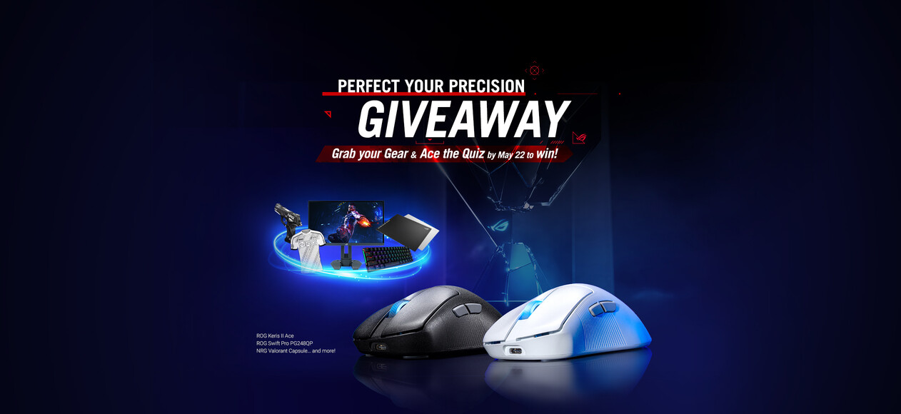 The ROG Keris II Ace in black in white sitting before a trophy to represent esports and prizes for the campaign placed on the left to show users what they could win if they joined in the giveaway