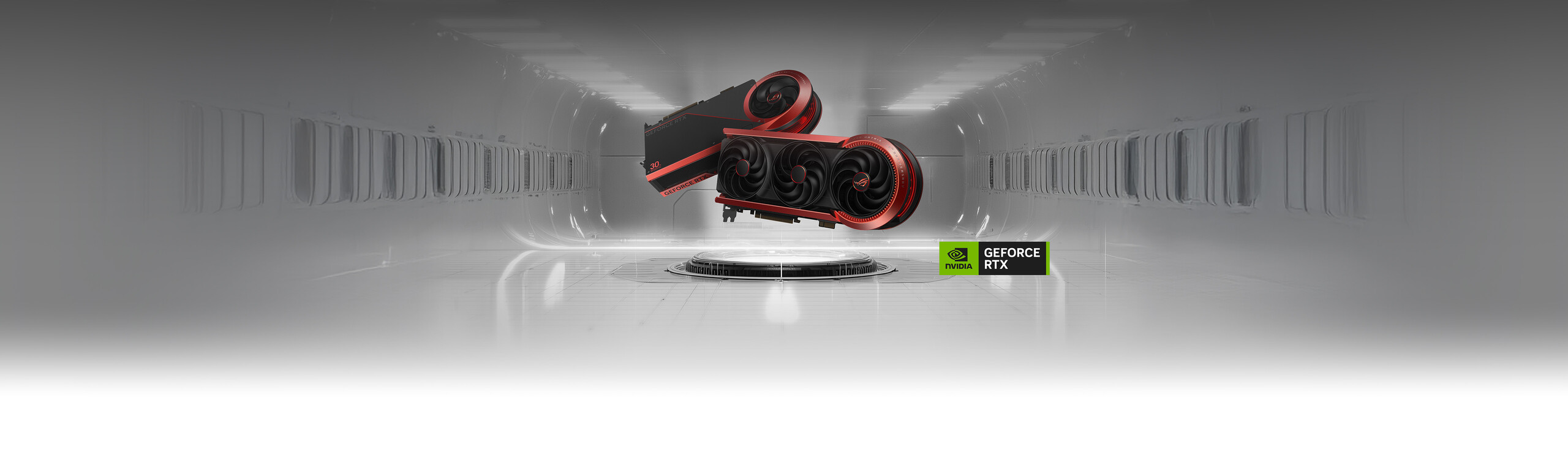 ROG Matrix GeForce RTX 5090 front view and rear view floating in ROG Lab environment