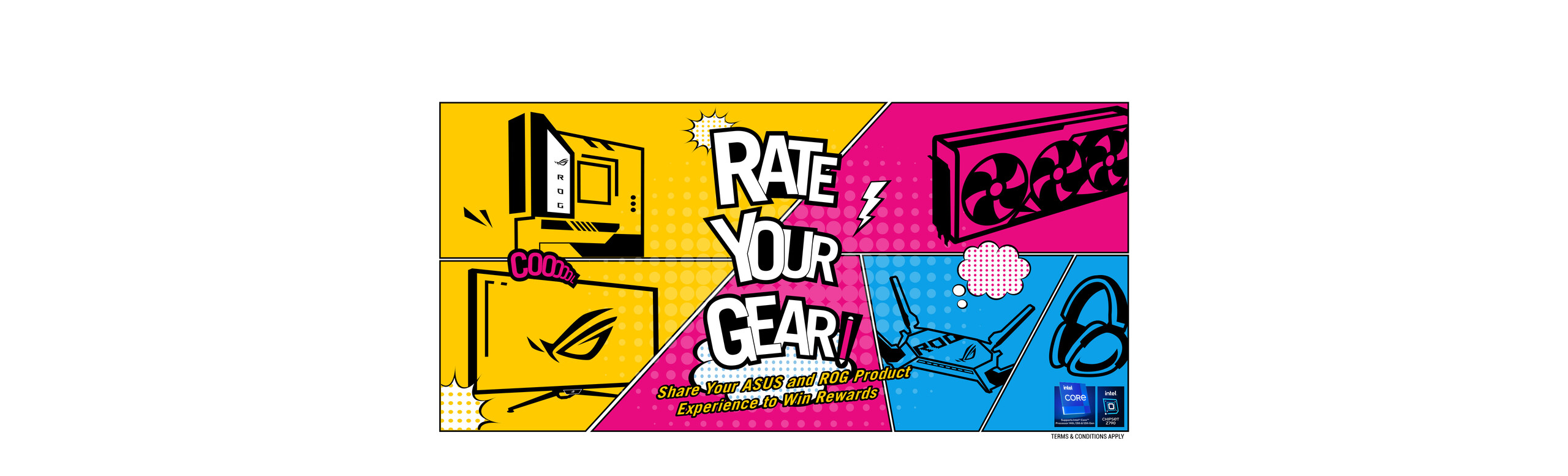 rate your gear campaign banner in comic style including motherboard, graphics card, monitor, router and headset with Intel badge on the bottom