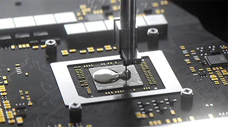 view of liquid metal compound on a cpu
