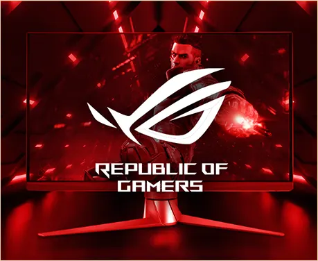 Monitor displays with Republic of Gamers logo