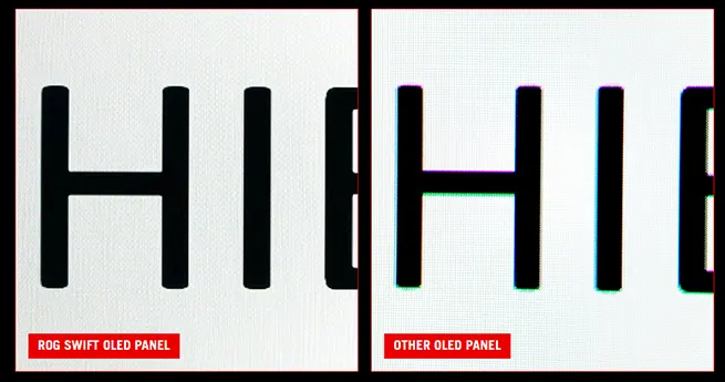 Two Images side by side display the difference of ROG Swift OLED panel and other oled panel