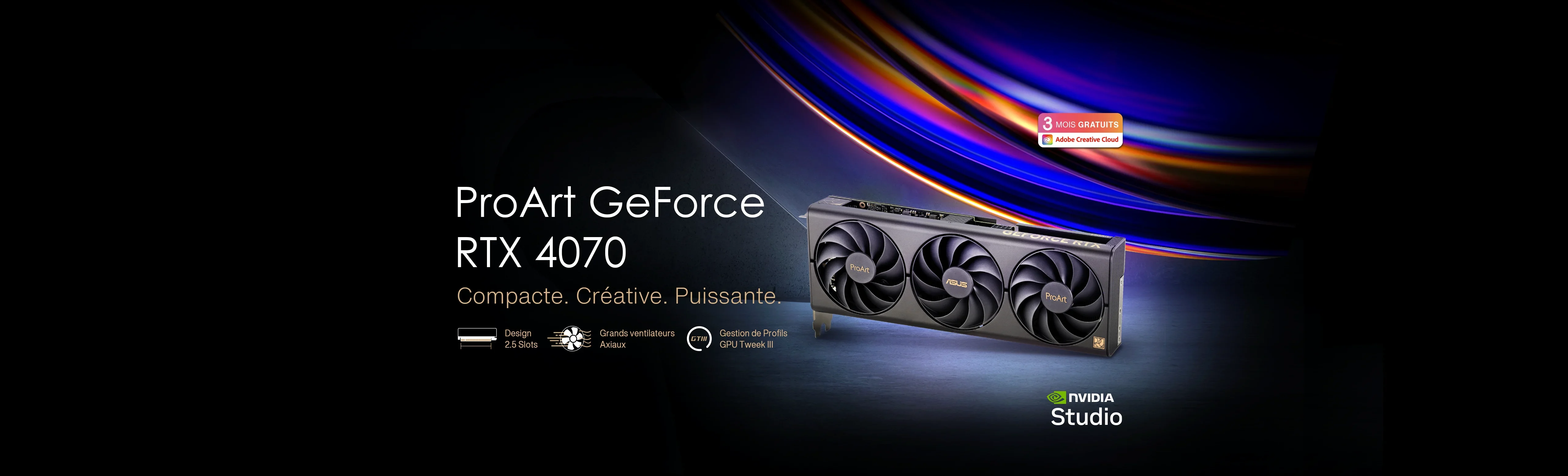 Carte graphique ASUS ProArt GeForce RTX 4070 debout sur un sol en béton brut avec les logos Adobe Creative Cloud et NVIDIA Studio