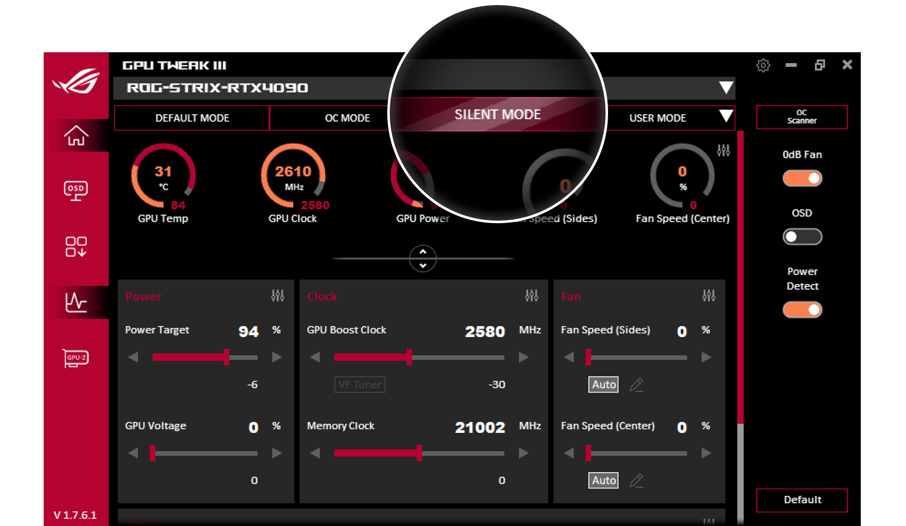 ASUS GPU Tweak III overclock Silent mode interface