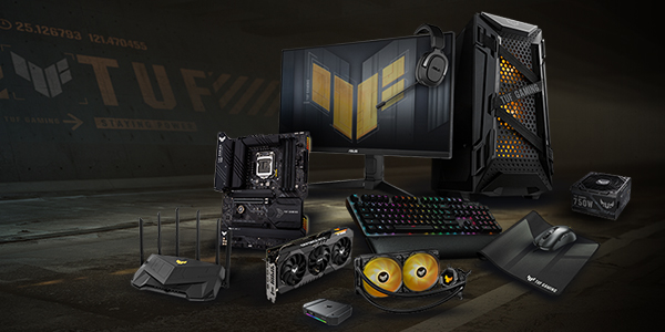 A set of TUF Gaming products, including a motherboard, graphics card, peripherals and monitor.