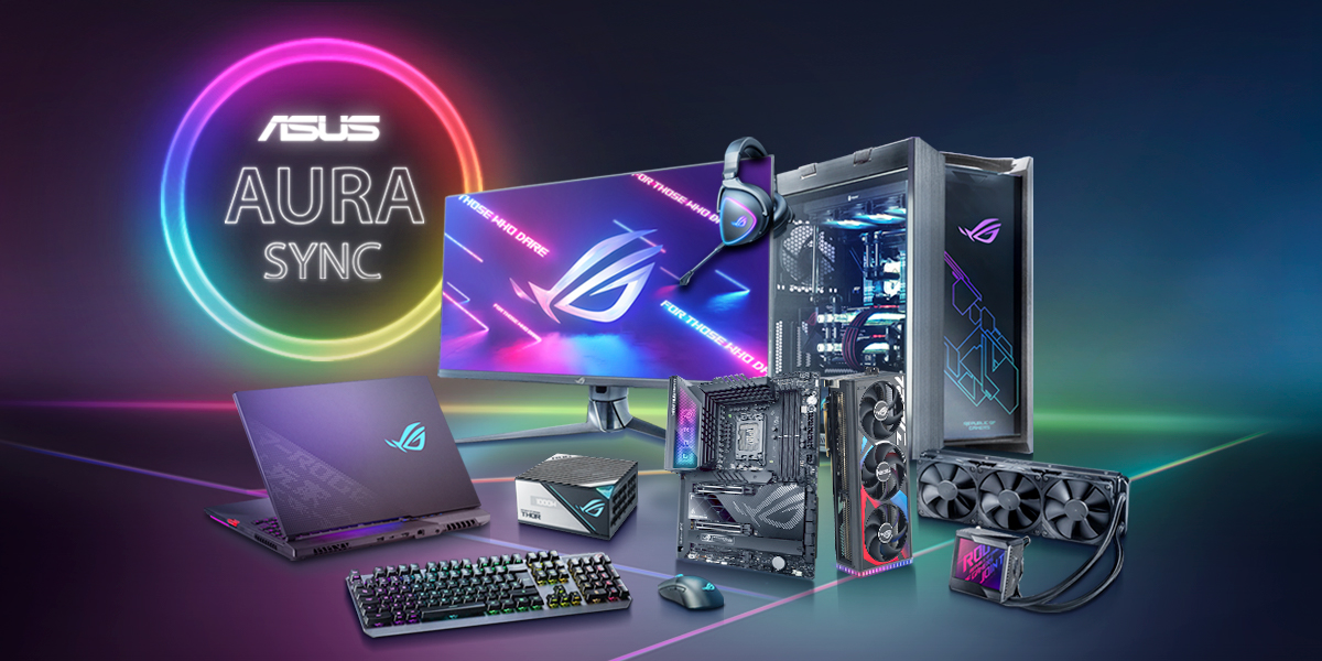 A set of ROG products that support Aura Sync, including a motherboard, graphics card, peripherals and desktop chassis
