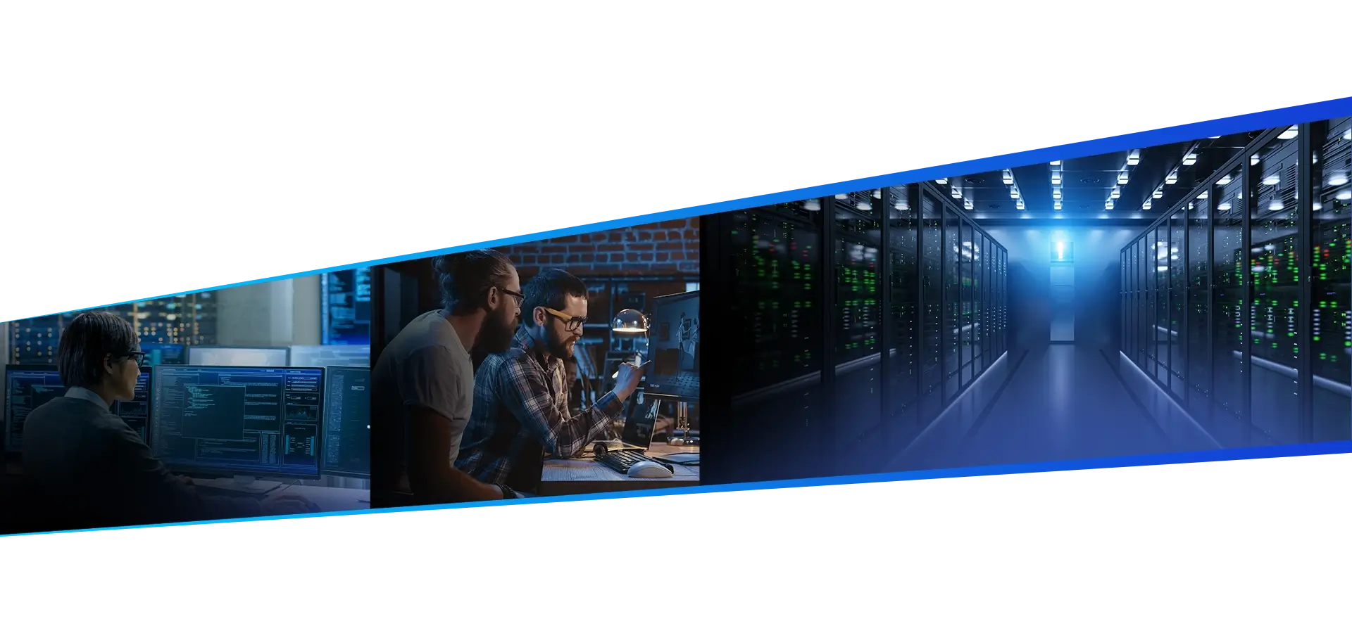Engineer is working on the data analysis in front of the monitor and Two engineers are discussing AI development tasks. and Processing data in the Data center