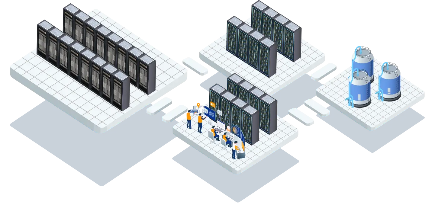 Isometric illustration depicting a data center with server racks, storage, technicians working, and cooling units on platforms connected by walkways.