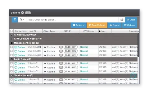 The management interface lists the status of various nodes, including login, service, management, CPU, and AI nodes.