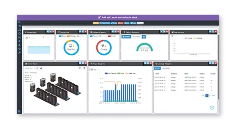 The data center management interface includes server room status monitoring, with line graphs presenting power analysis and other metrics.